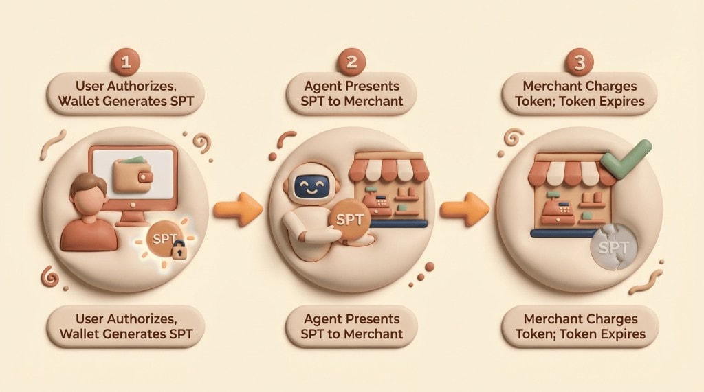 A 3-step flow diagram showing how a Shared Payment Token is generated, presented by an agent, and charged by a merchant.
