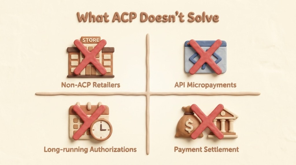 Infographic illustrating what ACP does not solve: purchasing from non-ACP big-box retailers, machine-to-machine API payments, long-running authorizations, and payment settlement.