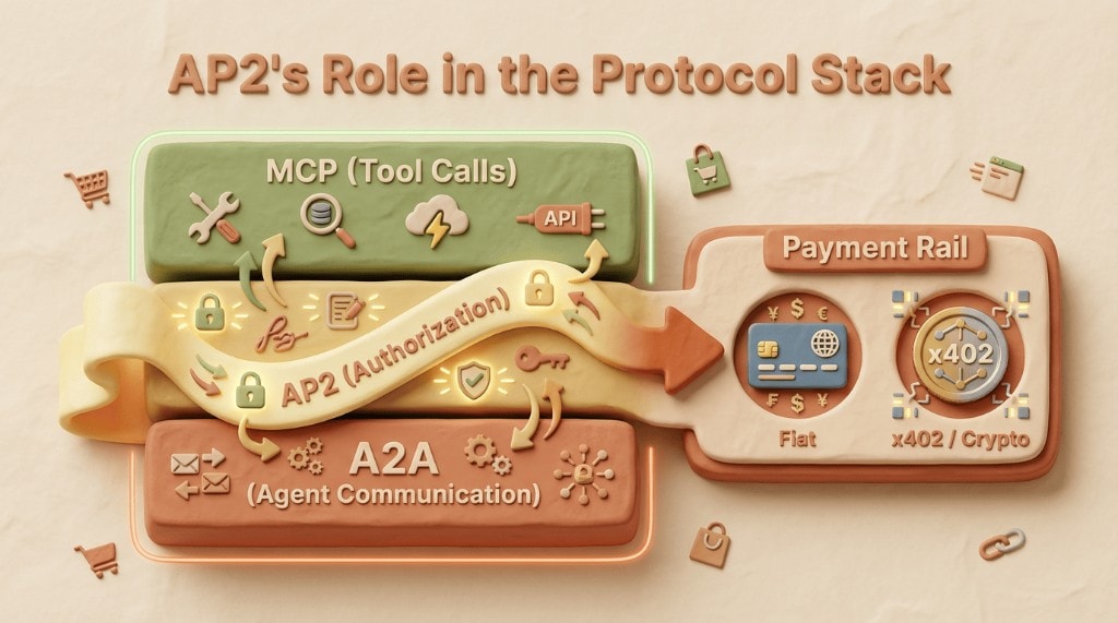 Diagram showing how the AP2 authorization protocol stacks with and flows through other agent protocols like A2A (agent communication) and MCP (tool calls).
