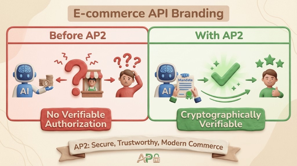 Comparison infographic showing payments before AP2 (with a question mark over authorization) and with AP2 (with a verifiable mandate and a green checkmark).