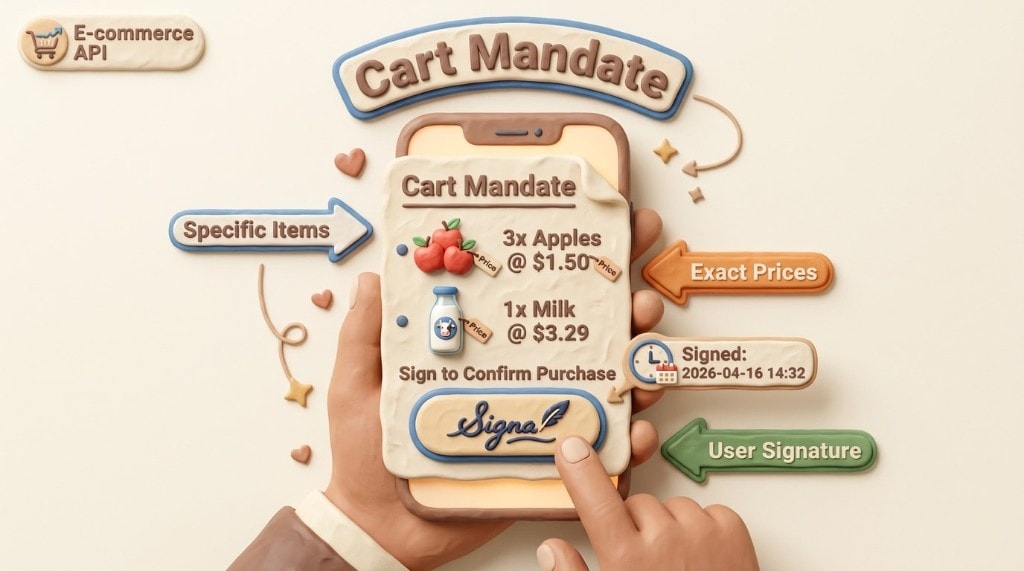 Infographic showing a Cart Mandate on a phone screen, listing specific items and prices, with the user signing to approve the exact transaction.