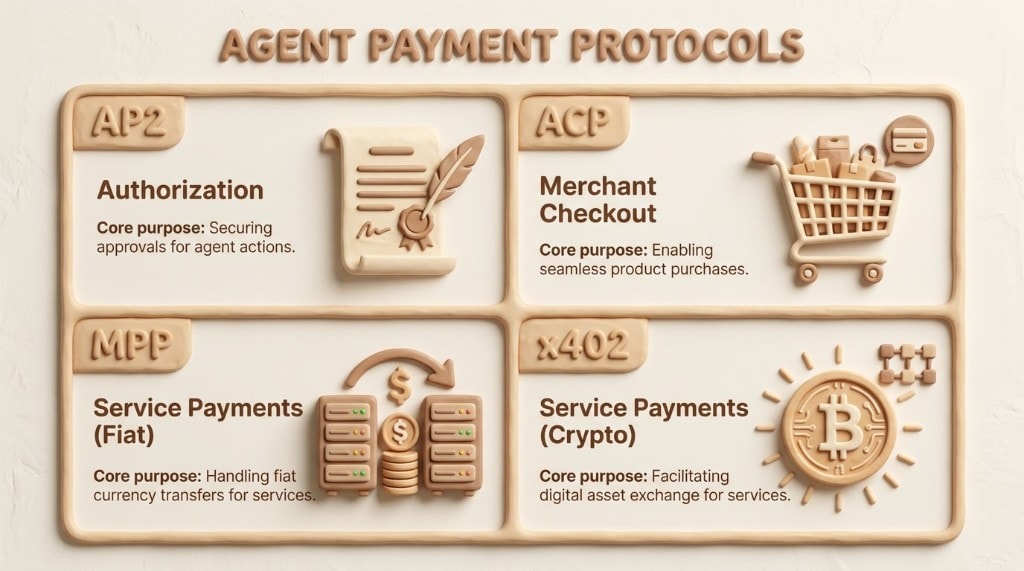 Comparison chart of four agent payment protocols: AP2 for authorization, ACP for merchant checkout, MPP for service payments, and x402 for crypto service payments.