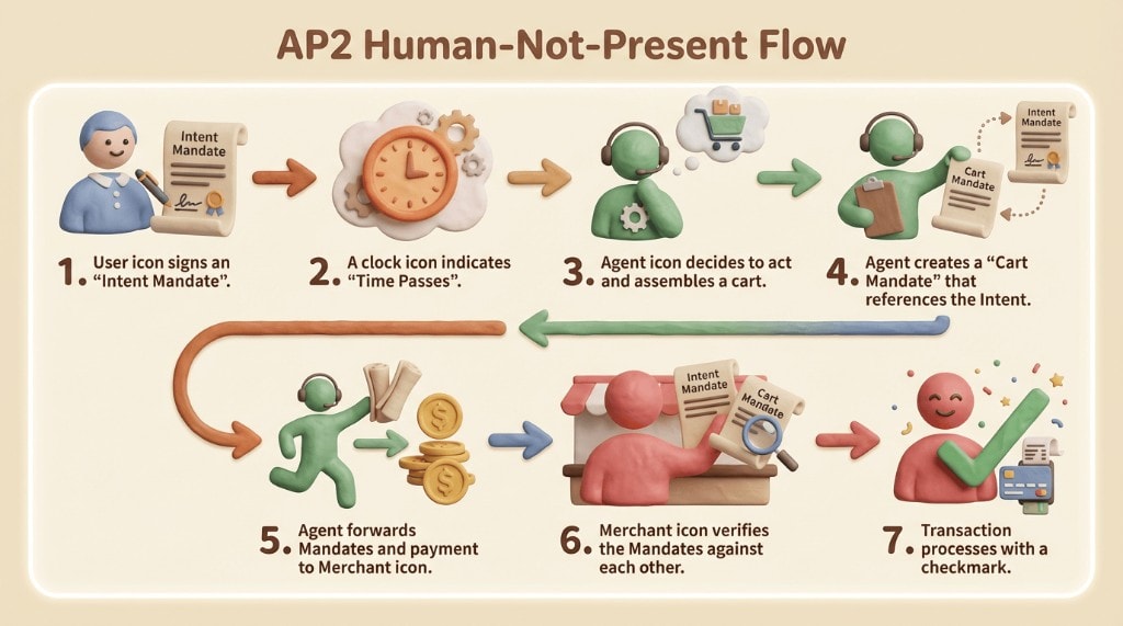 Flowchart of the AP2 human-not-present mode, where an agent acts on a pre-authorized Intent Mandate without real-time user interaction.