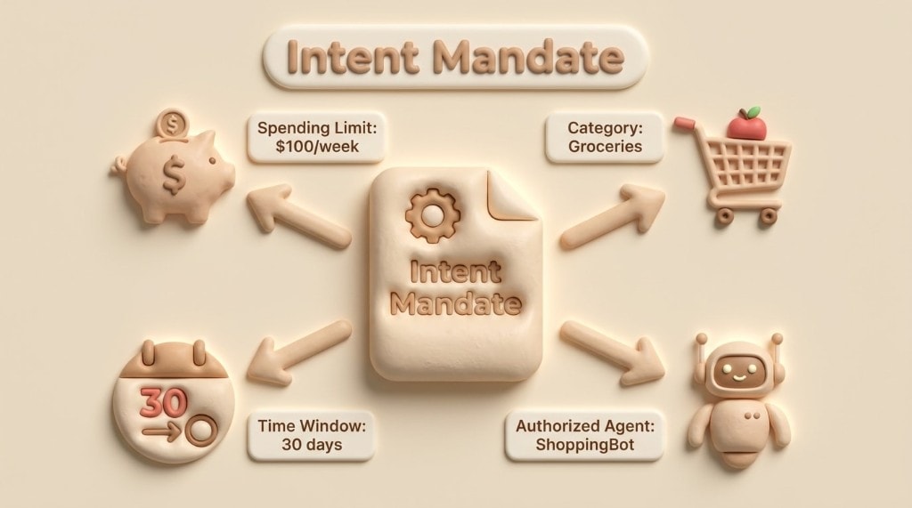 Infographic explaining an Intent Mandate's components: spending limit, category constraints, time window, and authorized agent identity.