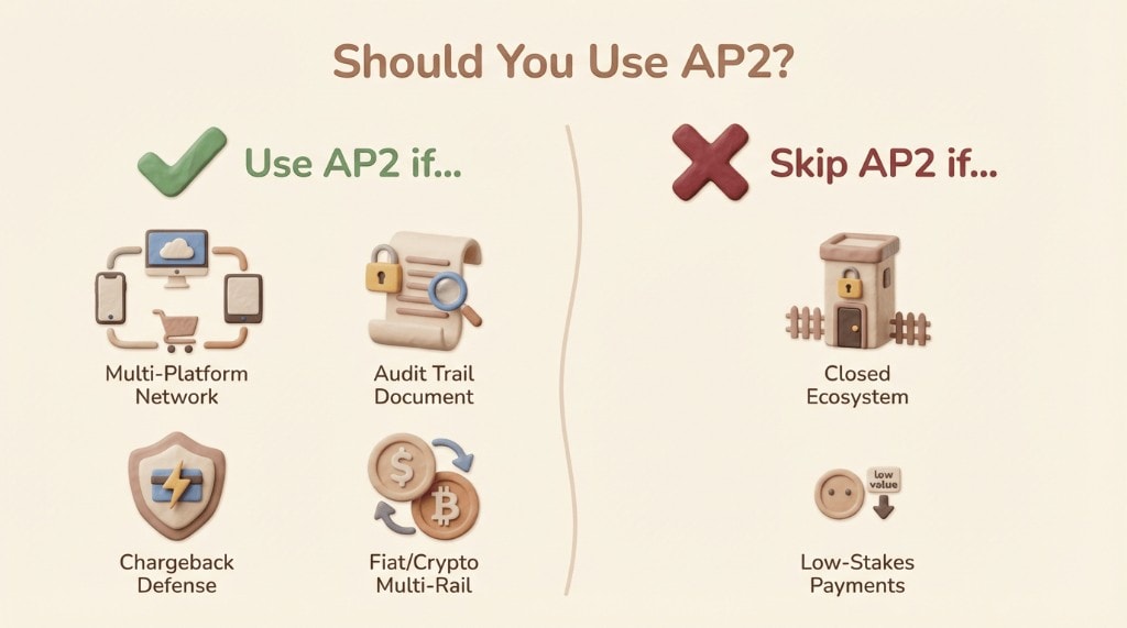 Checklist infographic showing criteria for when to use AP2 (e.g., for audit trails, multi-platform use) versus when to skip it (e.g., for closed ecosystems, low-stakes payments).