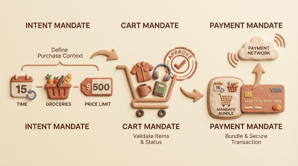 Infographic showing the three AP2 mandate types: Intent (for pre-authorization), Cart (for specific items), and Payment (bundling the other two for the payment network).