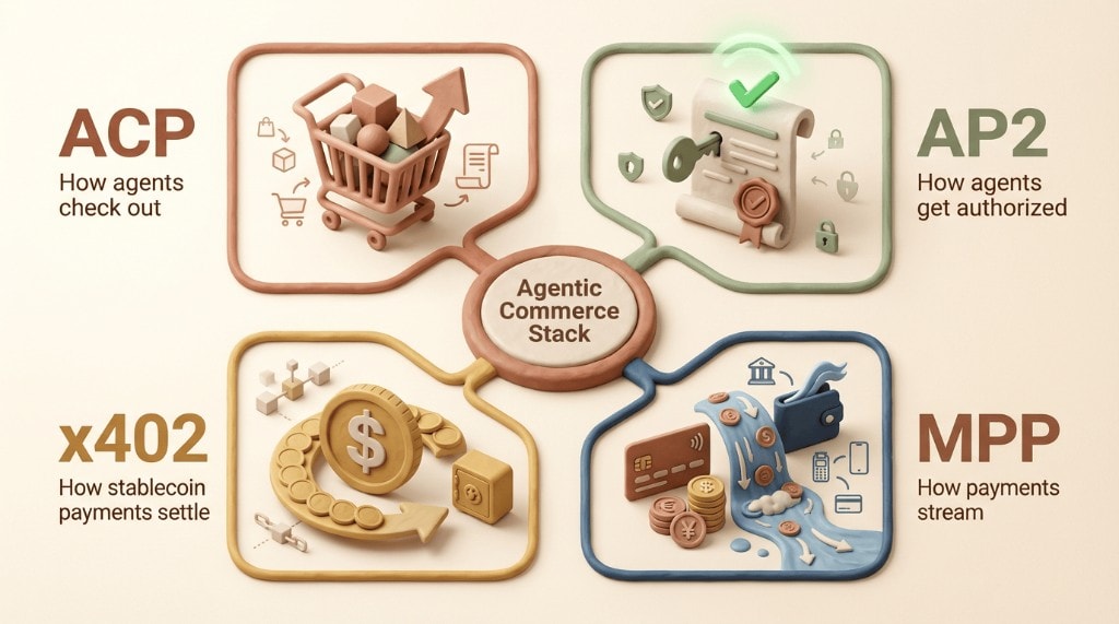 A quadrant diagram explaining the roles of four agentic commerce protocols: ACP for checkout, AP2 for authorization, x402 for stablecoin settlement, and MPP for payment streaming.