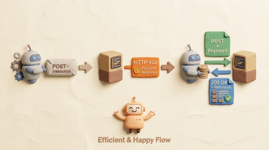 A simple 3-step diagram showing the MPP flow: 1. Agent requests resource. 2. Server responds with 402 Payment Required. 3. Agent pays and receives the resource.