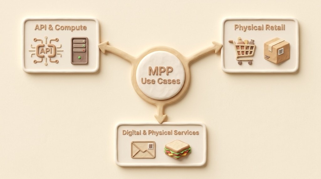 Mind map showing the three main categories of MPP use cases: API & Compute, Digital & Physical Services, and Physical Retail.