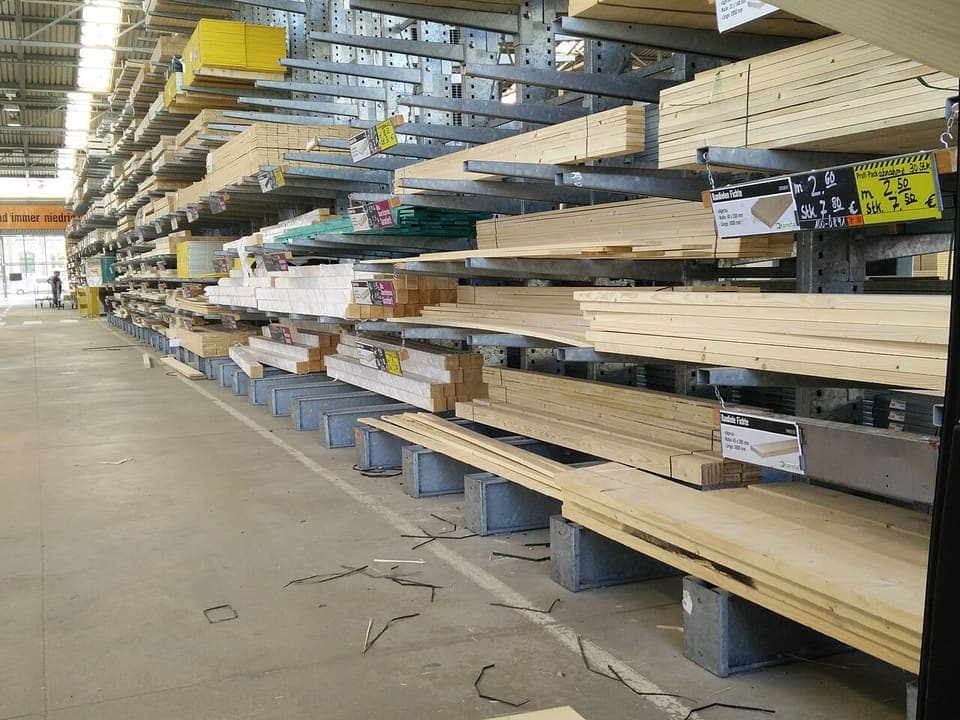Racks of lumber at a building supplies store