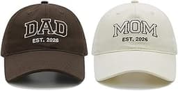 YuMENo Mom and Dad Est 2026 Hats New Parents Gifts for Couples,Matching Adjustable Cotton Embroidered Baseball Cap