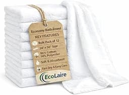 EcoLaire Bath Towels 24"x50" Pack of 12, White Economy Grade Cotton Blend Towel (86% Cotton 14% Polyester), Soft Abso...