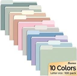 SUNEE File Folders Letter Size 10 Pastel Colors, 100 Pack Manilla Folders 8.5 x 11 1/3-Cut Tabs, Colored File Folders...