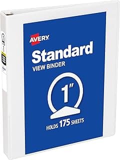Avery Standard View 3 Ring Binder, 1" Round Rings, 175-Sheet Capacity, 1.4 Inch Wide Spine, 1 White Binder, Ideal for...