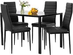FDW | 5-Piece Dining Table Set | Black | Glass Kitchen Table with 4 Upholstered Chairs and Faux Leather Cushions | Sp...