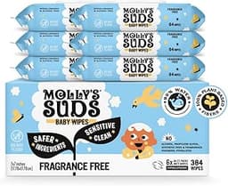 Molly's Suds Sensitive Clean Baby Wipes | 99% Water, Plant-Based, Fragrance Free | 384 Total Wipes (6 Flip-Top Packs)