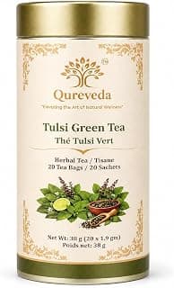 Qureveda Tulsi Green Tea, 20 Pyramid Tea Bags | Holy Basil Blend, Light-Caffeine Antioxidant Infusion, Hot or Iced, S...