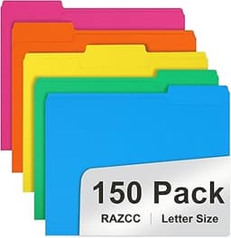 File Folder, RAZCC 150 Pack 1/3 Cut Tab Colored File Folders, File Folder Letter Size for Office Classroom Use, Assor...