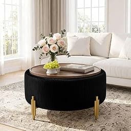 30'' Round Storage Ottoman Coffee Table, Modern Velvet Upholstered Ottoman with Lid and Metal Legs for Living Room, B...