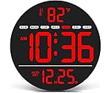 WallarGe Large Digital Wall Clock with LED Display, Electric Wall Clock with Temperature, Auto DST, Date, and Day, 5-...
