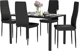 FDW | Dining Table Set for 4 | 5-Piece Glass Black Dining Table | Kitchen Table with 4 Upholstered Chairs and Faux Le...
