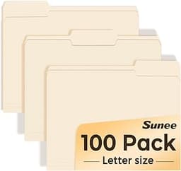 SUNEE Manilla Folders Letter Size (8.5 x 11 inches),100 Per Box, 1/3 Cut Tab for Easy Labeling and Organization, Dura...