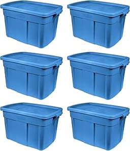Rubbermaid Roughneck Tote 18 Gal, 6 Pack, Made in USA, Heritage Blue, Rugged Plastic Stackable Storage Bins with Lids...