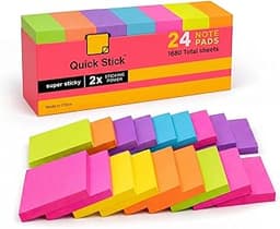 Sticky Notes, 24 Pads, 1680 Sheets Total, 3x3 in Bright Neon Colors, 2X Super Sticky Self-Stick Note Pads for Office,...