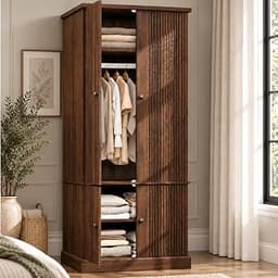 GarveeHome 72" Wood Armoire Wardrobe Closet, Fluted, 4 Doors, Retro Brown