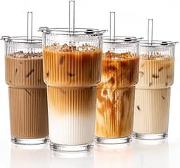 20oz Iced Coffee Cups with Lids, Ribbed Glass Cups with Lids and Straws | Thick Reusable Glass, Leak-Resistant Lids, ...
