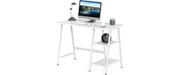 SHW 43-Inch Trestle Computer Desk with Open Storage Shelves, White | w/ Adjustable Glides