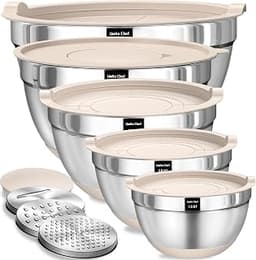 Umite Chef Mixing Bowls with Airtight Lids Set, 8PCS Stainless Steel Nesting Bowls with Grater Attachments, Non-Slip ...