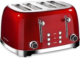 Roter Mond 4 Slice Toaster Retro Stainless Steel with Bagel Defrost Cancel Function, 6 Browning Settings, Extre Wide ...