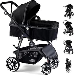 Baby Stroller, 2-in-1 Reversible Toddler Seat with Lie-Flat Mode, Foldable Infant Stroller with Canopy, One Button Br...
