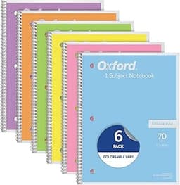 Oxford Spiral Notebook, 1 Subject, College Ruled Paper, 8 x 10-1/2 Inch, Pastel Pink, Orange, Yellow, Green, Blue and...
