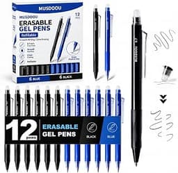12 Pack Erasable Gel Pens, 6 Black and 6 Blue Ink Retractable Erasable Pens 0.7mm, Smooth Writing Gel Ink Pens with E...