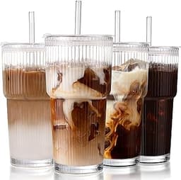 20oz Ribbed Iced Coffee Cups with Lids,4 Pcs Vintage Glass Cups Tumblers | Aesthetic Leak‑Proof Tumblers,Coffee Bar A...