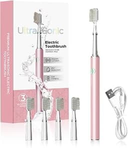 Rechargeable Sonic Electric Toothbrush for Adults, Slim Lightweight Handle, 100 Days Long Lasting Battery, 4 Replacem...