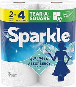 Sparkle Tear-A-Square Paper Towels, 2 Double Rolls (220 Sheets Total) - Strong 2-Ply Towels for Kitchen Cleanup and E...