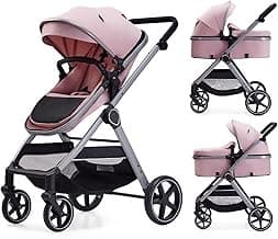 Lortsybab 2 in 1 Baby Stroller, Newborn Infant Toddler Convertible Pram Stroller for 0-36 Months Old Babies (Pink)