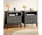 Huuger Black Nightstand Set of 2, Night Stand with Charger Station | Bedside Table with 2 Drawers, Bed Side Tables fo...