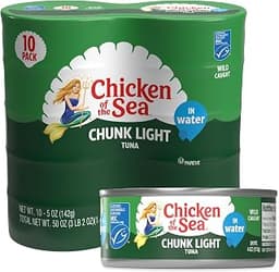 Chicken of the Sea Wild Caught Chunk Light Tuna, 5 Ounce Cans, 10-Count – High Protein 100% Classic Chunk Tuna in Wat...