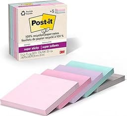 Post-it 100% Recycled Super Sticky Notes, 3 x 3 in, Pastels, 5 Pads | School Supplies and Office Products, 2X the Sti...