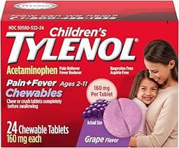 Children's Tylenol Chewables, 160 mg Acetaminophen, Grape, 24 ct | Pain Reliever & Fever Reducer, Cold + Flu Symptoms...