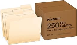 Pendaflex File Folders, 250-Pack, Letter Size, Manila, 1/3-Cut Tabs, Premium Paper Folders for File Cabinets, Home, O...