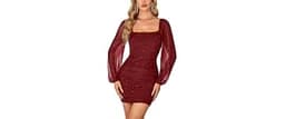 Rooscier Women's Glitter Bodycon Mini Dress | Long Sleeve Square Neck Mesh Ruched Party Short Dresses