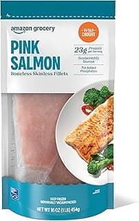 Amazon Fresh Brand, Wild Caught Pink Salmon Skinless Fillet Portions, Frozen, Sustainably Sourced, Phosphate Free, 1 Lb