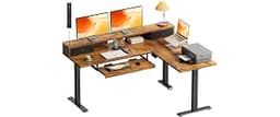 OffiGo 59 Inch L Shaped Electric Standing Desk with Drawers, Rustic Brown | Monitor Stand, Keyboard Tray, Fabric Draw...