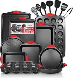 PERLLI Non-Stick 17-Piece Baking Pan Set, BPA-Free Carbon Steel Bakeware Set with Silicone Handles, Stackable Kitchen...