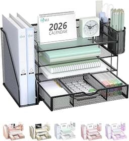 WALI Desk File Organizer, 4 Tier Desktop Paper Letter Tray Organizer with Drawer and 2 Pen Holders, Office Desk Acces...